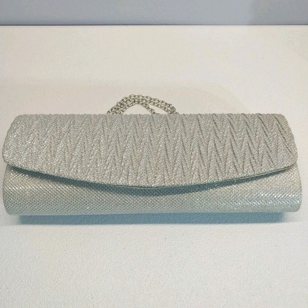 Silver Metallic Glitter Clutch Purse Chain Strap Wedding Prom Evening Formal Bag